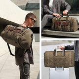 60L Waxed Canvas Expandable Genuine Leather Expandable Duffle Bag